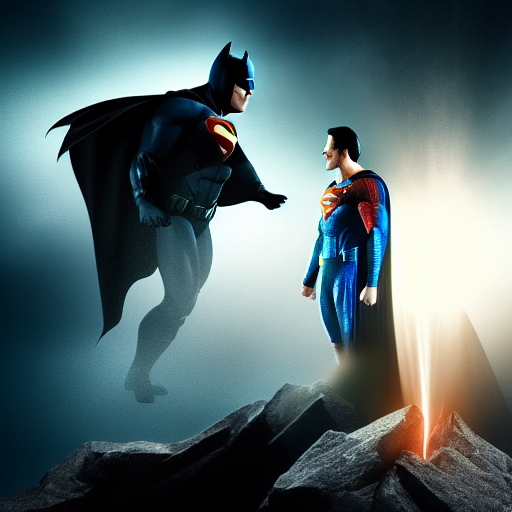 Batman and Superman staring in awe as a massive, glowing crystal rises from the ground, surrounded by a bright aura of light.